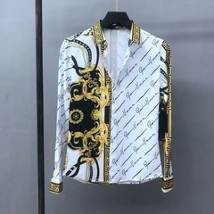 Men Luxury Button Down Baroque Print Fashion Shirt Black White High Quality