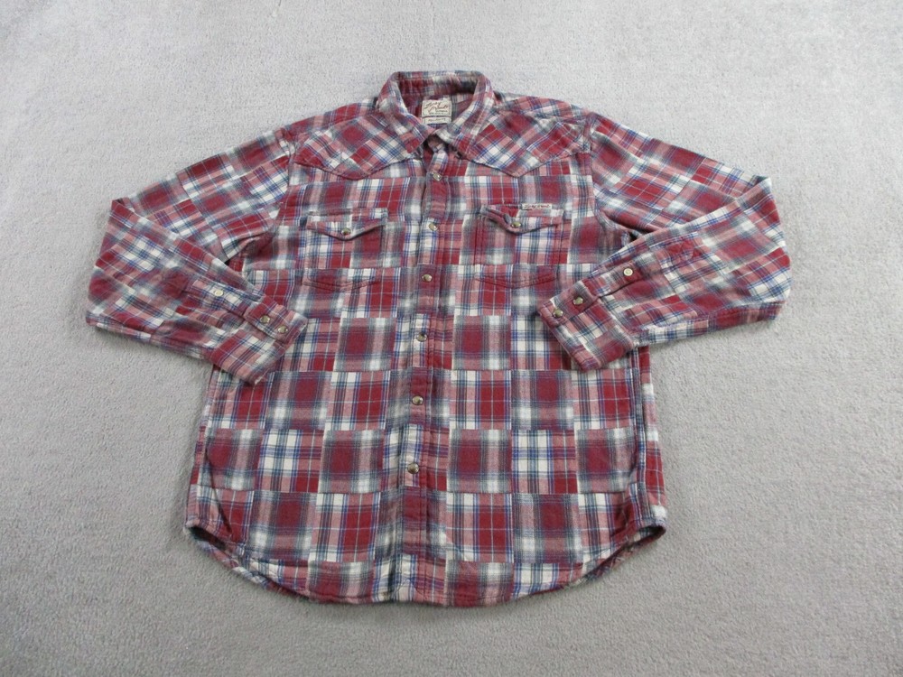 Lucky Brand Shirt Mens Medium Red Pearl Snap Button Quilted Madras Plaid Western