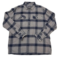 Patagonia Organic Cotton Flannel Shirt Mens L Grey Navy Blue Plaid Double Pocket