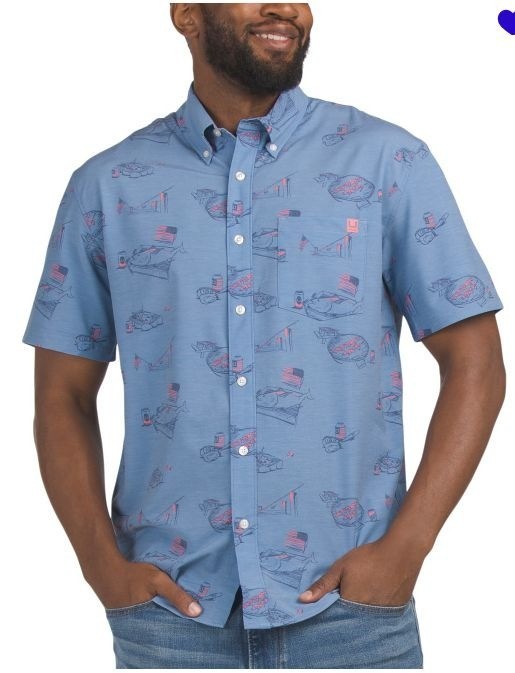 HUK Mens Blue Fishing UPF Short Sleeve Kona Pocket Button Front Shirt Sz L New
