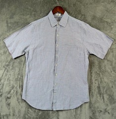 Peter Millar Shirt Mens Large Blue Pink Gingham Check Linen Silk Blend Button Up