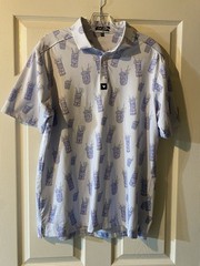 Bad Birdie Golf Polo Shirt Stretch Performance Blue w/Tiki Drinks Men’s Size MED