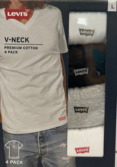 Levis 4 Pack Mens V-Neck Logo Cotton T-Shirts Size: L White/Black/Grey Tee