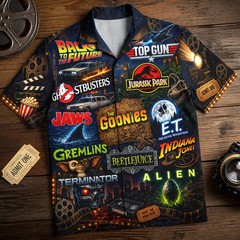 Vintage 80s Movie Hawaiian Shirt Back to the Future Jurassic Park Men Button Dow