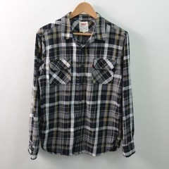 Levis Mens Large Plaid Flannel Shirt Button-Up Black Gray White Cotton Pocket