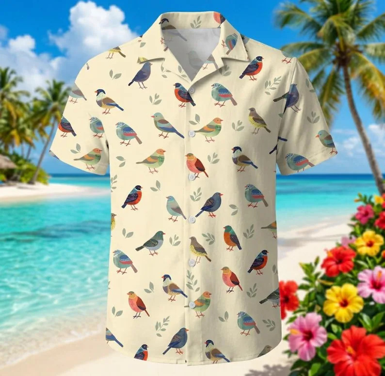 Bird Print Hawaiian Shirt, Tropical Floral Shirt, Lightweight Summer Button Up