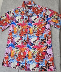 Riley Adams Shirt Exotic Skull Fish Koi Japaneese Tattoo Print Sz S