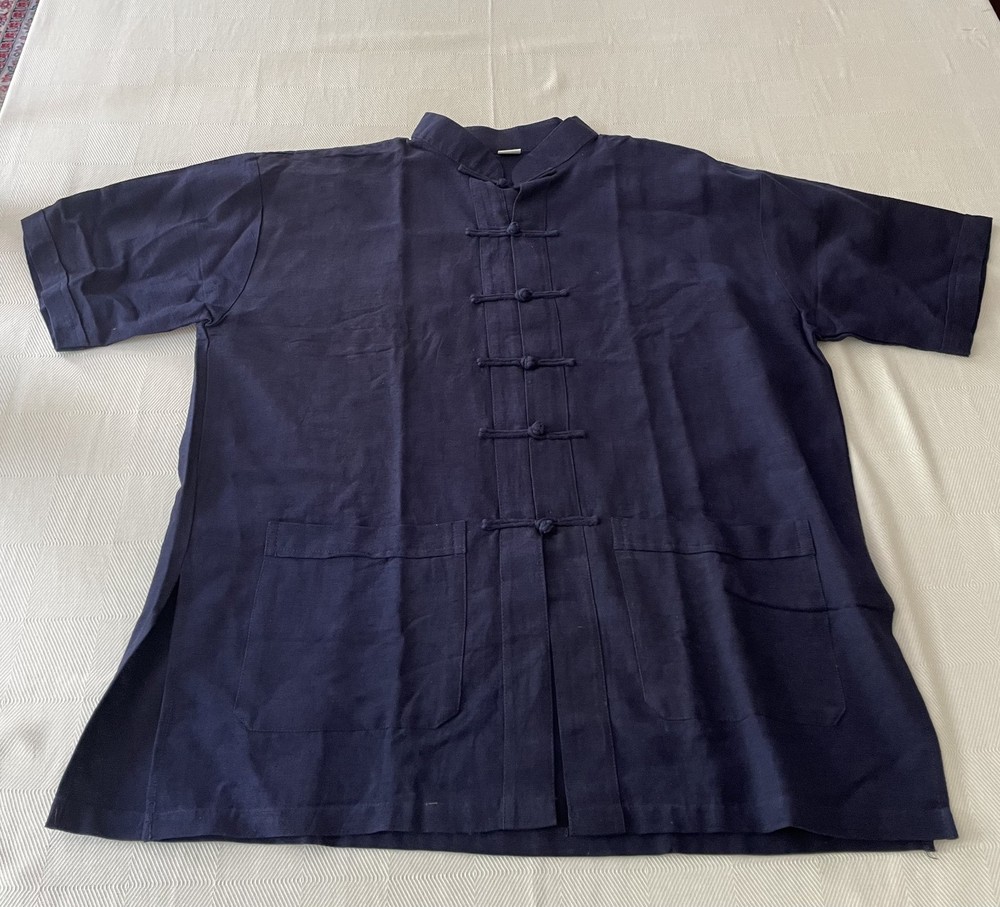 Hand Made Silk Mandarin Collar Pankou Buttons Men’s XL Shirt Short Sleeves