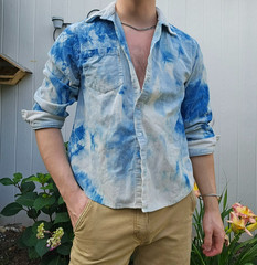 Custom tie-dyed blue and white button up shirt with ribbed detailing
