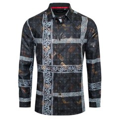 Mens Shirt Italian Stripe Floral Prints Gold Overlay Stretch Slim Fit Button Up