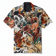 Dragon Tiger Hawaiian Shirt Men Japanese Tattoo Button Down Shirt Casual Wear