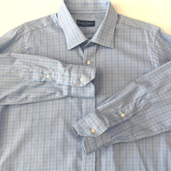Executive Collection Tom James Dress Shirt 18 Large Blue White Plaid USA Classic