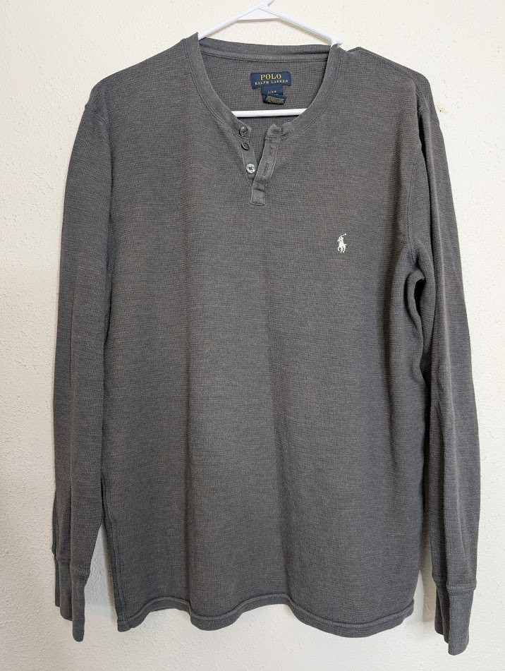 Polo Ralph Lauren Shirt Mens Large Gray Thermal LS Henley Waffle Knit Preppy