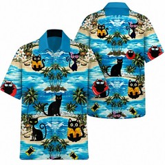 Black Cat Beach 3D Hawaiian Shirt Funny Cat Tropical Summer Aloha
