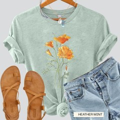 Golden Poppy T-Shirt Botanical Wildflower Graphic Tee Cotton S-4XL