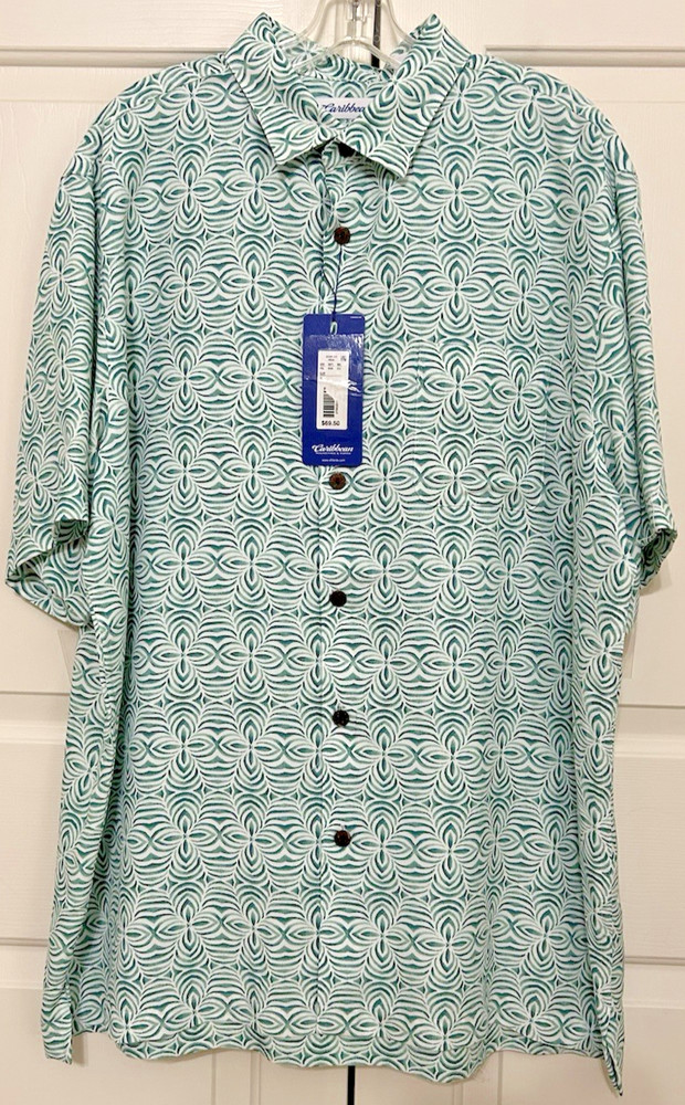 NWT Caribbean size XL aqua white floral short sleeve button up shirt mens