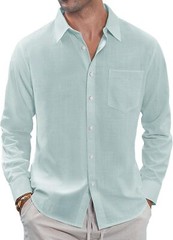 Men’s Linen Shirt Casual Long Sleeve Button Down Summer Beach Pocket