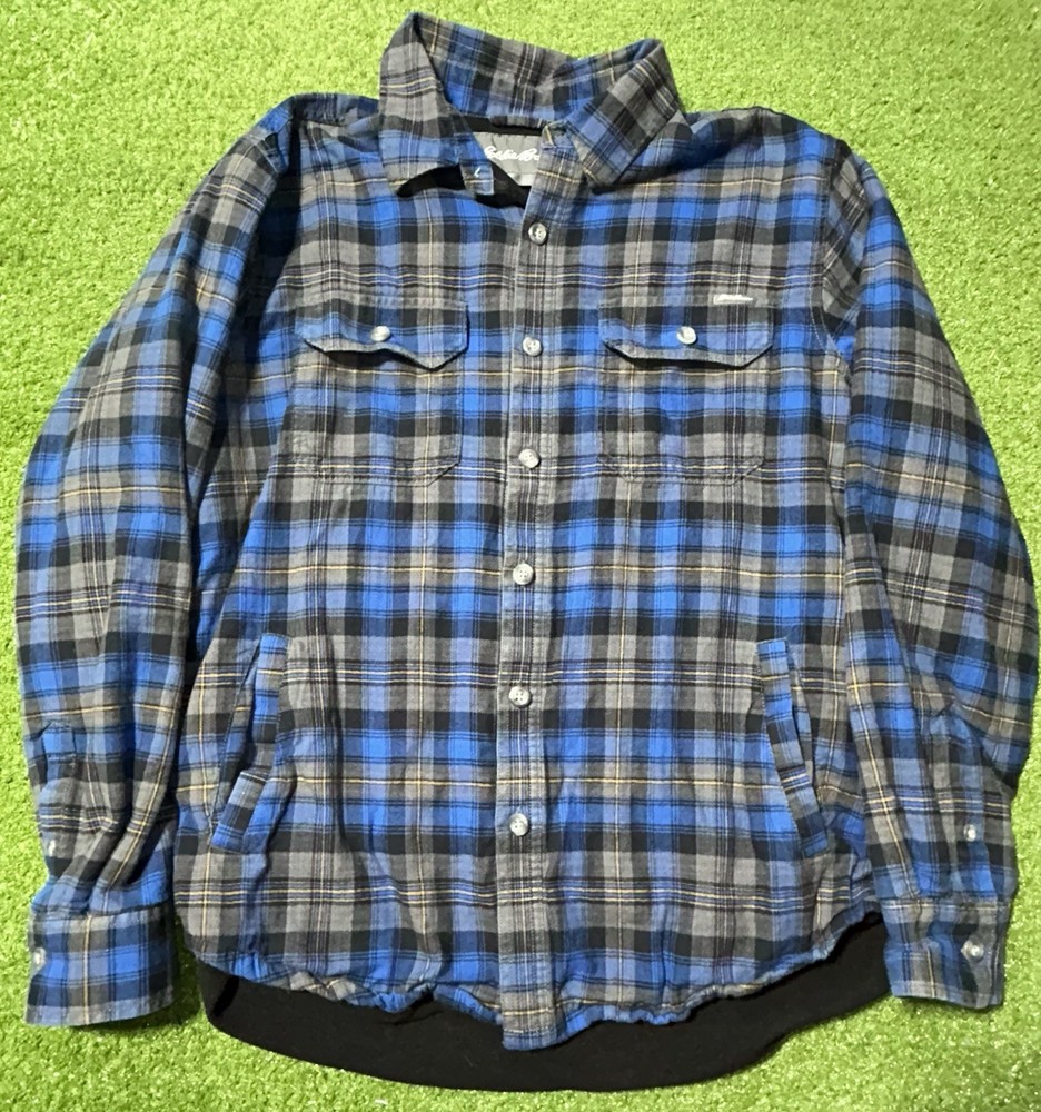 Eddie Bauer Shacket Mens Medium Flannel Lined Cotton Plaid Blue Shirt Jacket