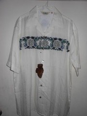 New! DaVINCI-100% SILK-White Black Aqua Silver Blue Tribal Design-Camp Collar-L