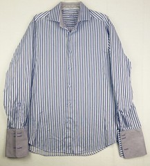 BUGATCHI UOMO Dress SHIRT Button Up Purple Blue STRIPE Flip Cuff Mens 16.5 41
