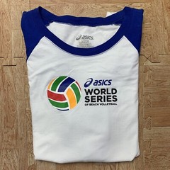 Asics World Series Of Beach Volleyball Shirt Raglan Mens L White/Blue 3/4 Sleeve