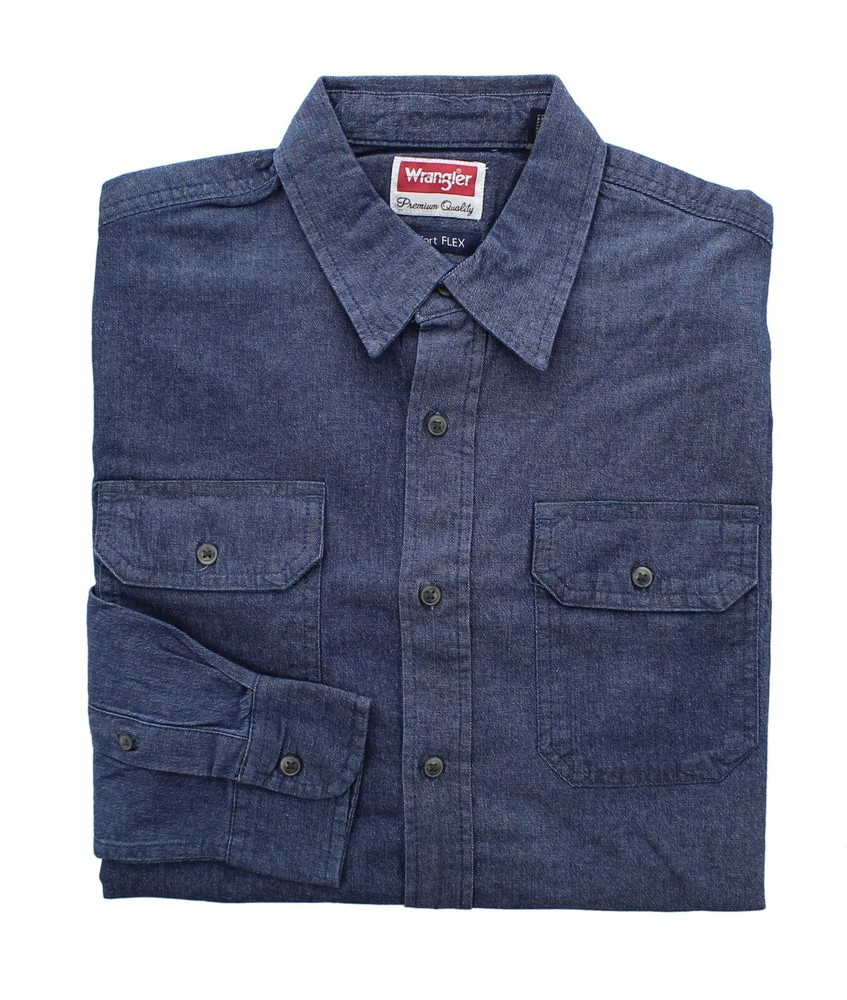 Wrangler Men’s Comfort Flex Shirt Denim Twill Long Sleeve Button Up Regular Fit