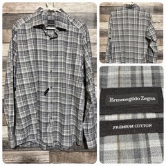 Ermenegildo Zegna Tailored Fit Premium Cotton Button Up Plaid Shirt Men’s L Gray