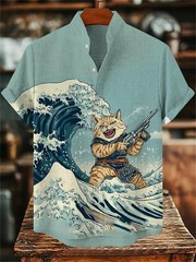Japanese Ukiyo-e Great Wave Henley Shirt Short Sleeve Linen Cotton Casual