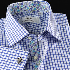 Blue Check Business Dress Shirt Classic Formal French Cuff With Daisy Inner Top