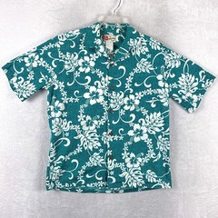 VTG Hilo Hattie Shirt Mens M Blue Green Hawaiian Camp Floral Tiki Aloha Surf 80s