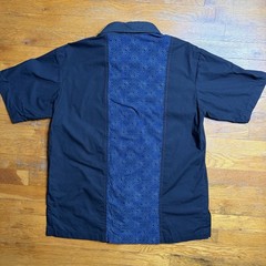 Cita Men’s Mexican Guayabera Shirt Navy Blue Short Sleeve Red Embroidery Denim