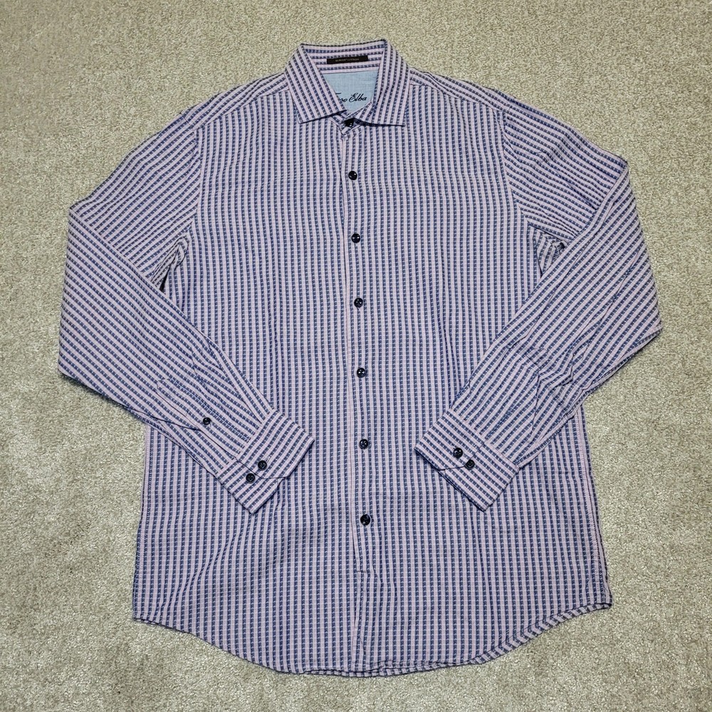 Tasso Elba Shirt Mens Small 14-14.5 Purple Blue Check Button Up Long Sleeve