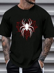 T-Shirt with Red Spider Web & Black Spider Graphic Print Round Neck Short Sleeve