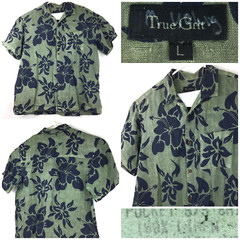 True Grit Mens Large (48 in Chest) Green Navy Hibiscus Floral Linen Button Up