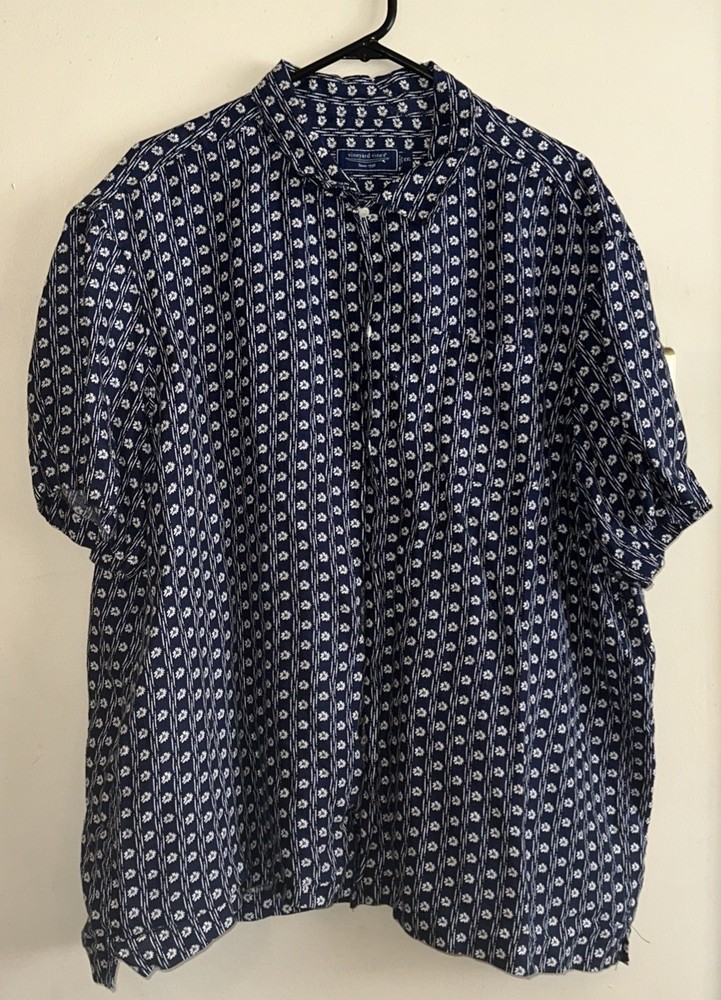 Vineyard Vines Linen Short-Sleeve Floral Cabana Shirt Mens XXL Blue Daisies