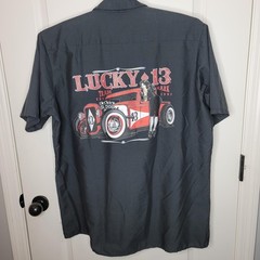 Red Kap Shirt Mens XL Gray Lucky 13 Hot Rod Graphic Workwear Button Front