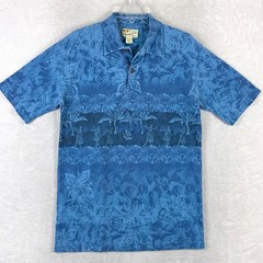 VTG Crazy Shirts Polo Mens M Blue Floral Palms AOP Hawaiian Beach Tiki Aloha USA