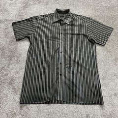 Omega Button Up Shirt Mens Medium Black Gray Striped Short Sleeve Collared Adult