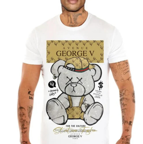 Avenue George V Paris T-Shirt Teddy Bear Rhinestone Men’s White fitted Tee