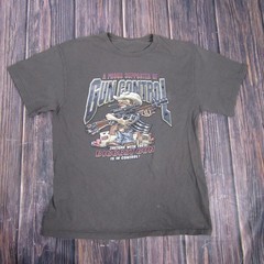 Gun Control Shirt Mens Large Brown Funny Graphic Cowboy Cartoon Humor Slogan