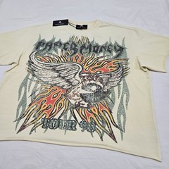 NWT Sz M Oversized* Paper Money 98′ Tour Rhinestone Graphic Tee Bone Beige Shirt