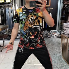 Fashion Tiger Trend Rhinestone Diamond Summer Short Sleeve Luxury Men T-Shirt