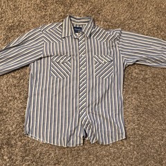 Wrangler Mens Med Vtg 1980s Western Pearl Snap Shirt Blue White Striped Metallic