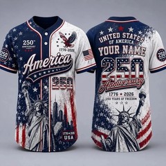 Personalized America 250th Anniversary Patriotic Baseball Jersey USA Flag Button