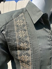 Mens Mexican Guayabera Dress Shirt Long Sleeve Olive Green Fabric Handcrafted