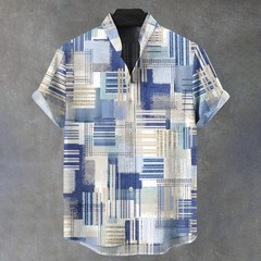 Blue Bohemian Patchwork Pattern Short Sleeved Shirt 241100849