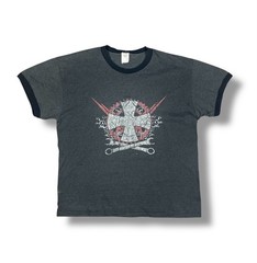 Vintage Punk Biker Graphic Ringer T-Shirt Distressed Cross Print Mens Size XL