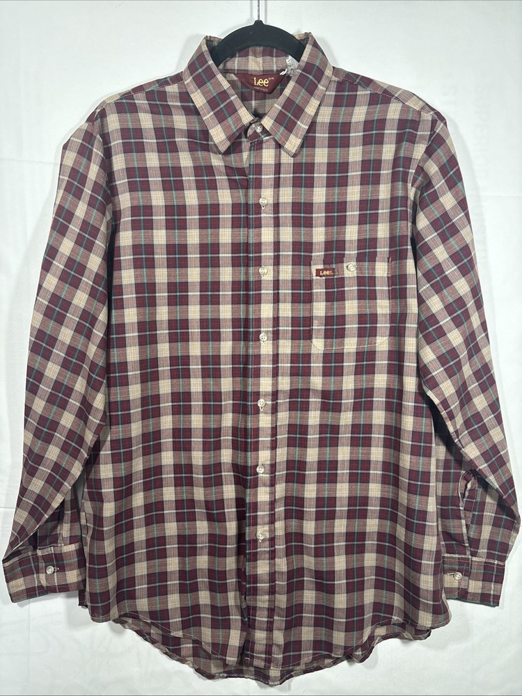 Vintage Lee Plaid Button Down Shirt Made in USA Long Sleeve Burgundy Large