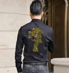 New Men Fashion Tiger Trend Rhinestones Hot Drilling Long Sleeve Button Shirt