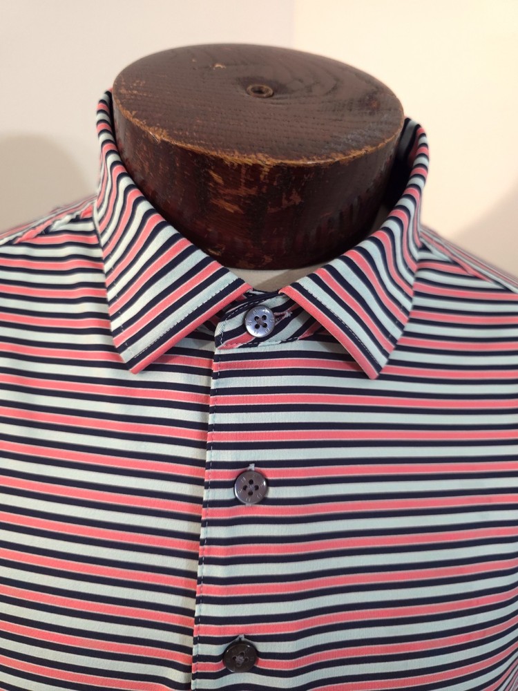 Footjoy Men’s Large Pink Blue Black Striped Short Sleeve Golf Polo Shirt